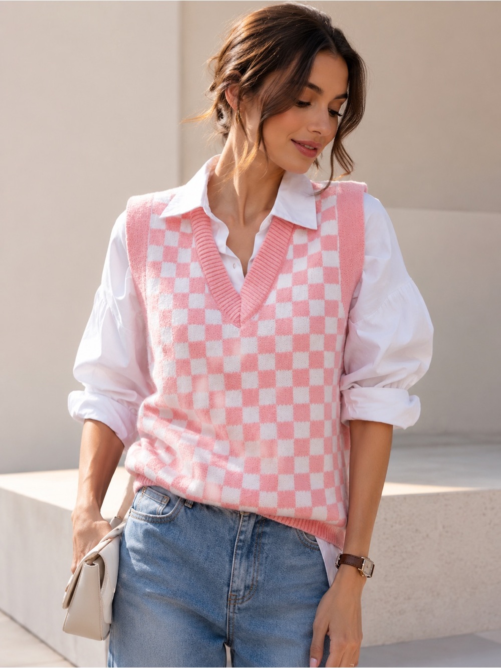 Cider Pink & White Checkerboard V-Neck Sweater Vest